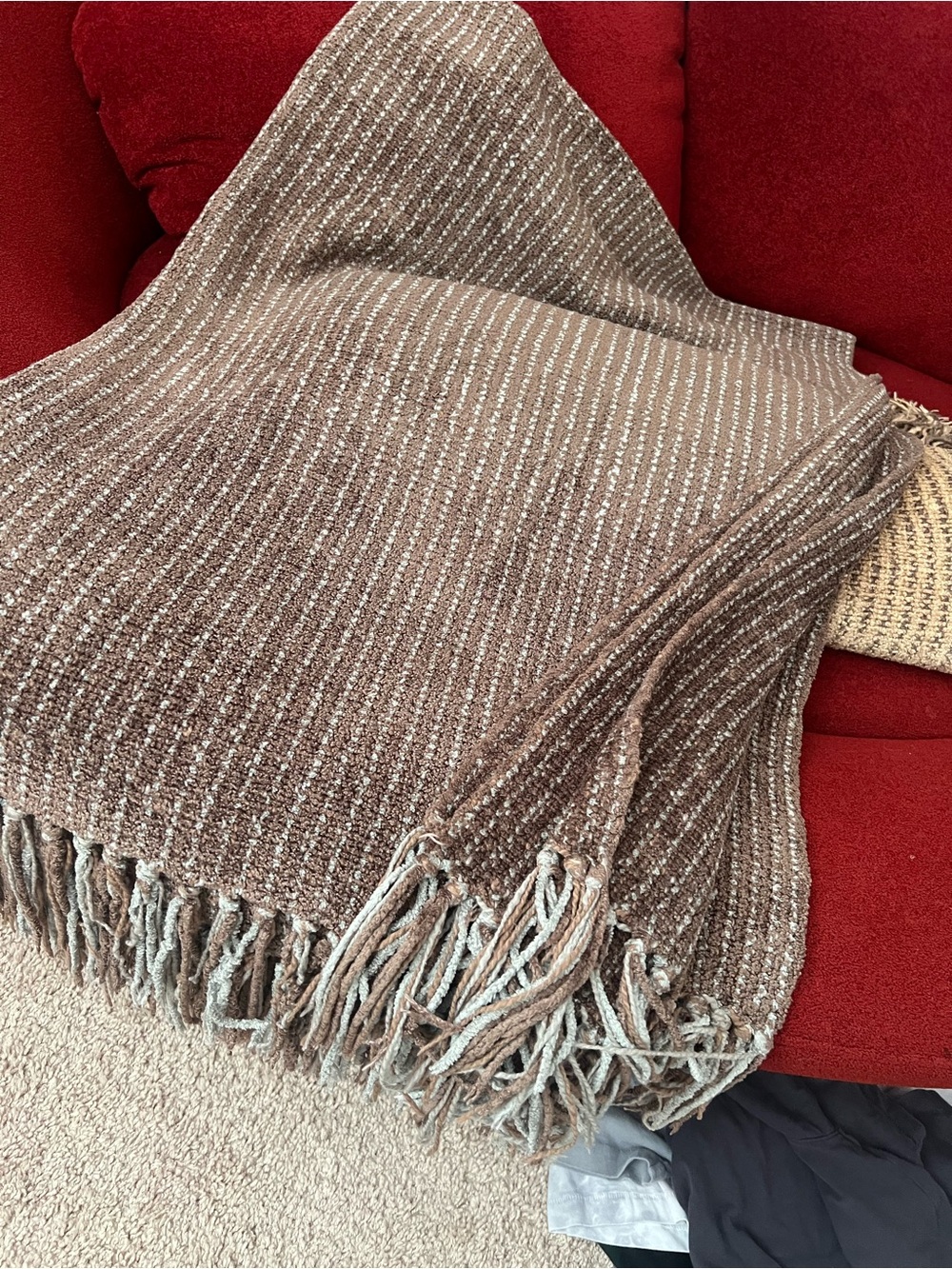 Restoration Hardware 5lb Beige & Brown Chenille Woven Fringe Throw - Picture 6 of 9